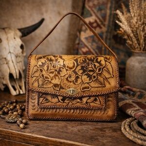 Vintage Floral Hand Tooled Leather Purse Handbag Western Boho